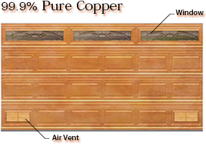 99.9% pure copper garage door with woodline panel, copper caming Vista window and matching air vents
