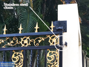 Detail of powder coated galvanized steel swing gate